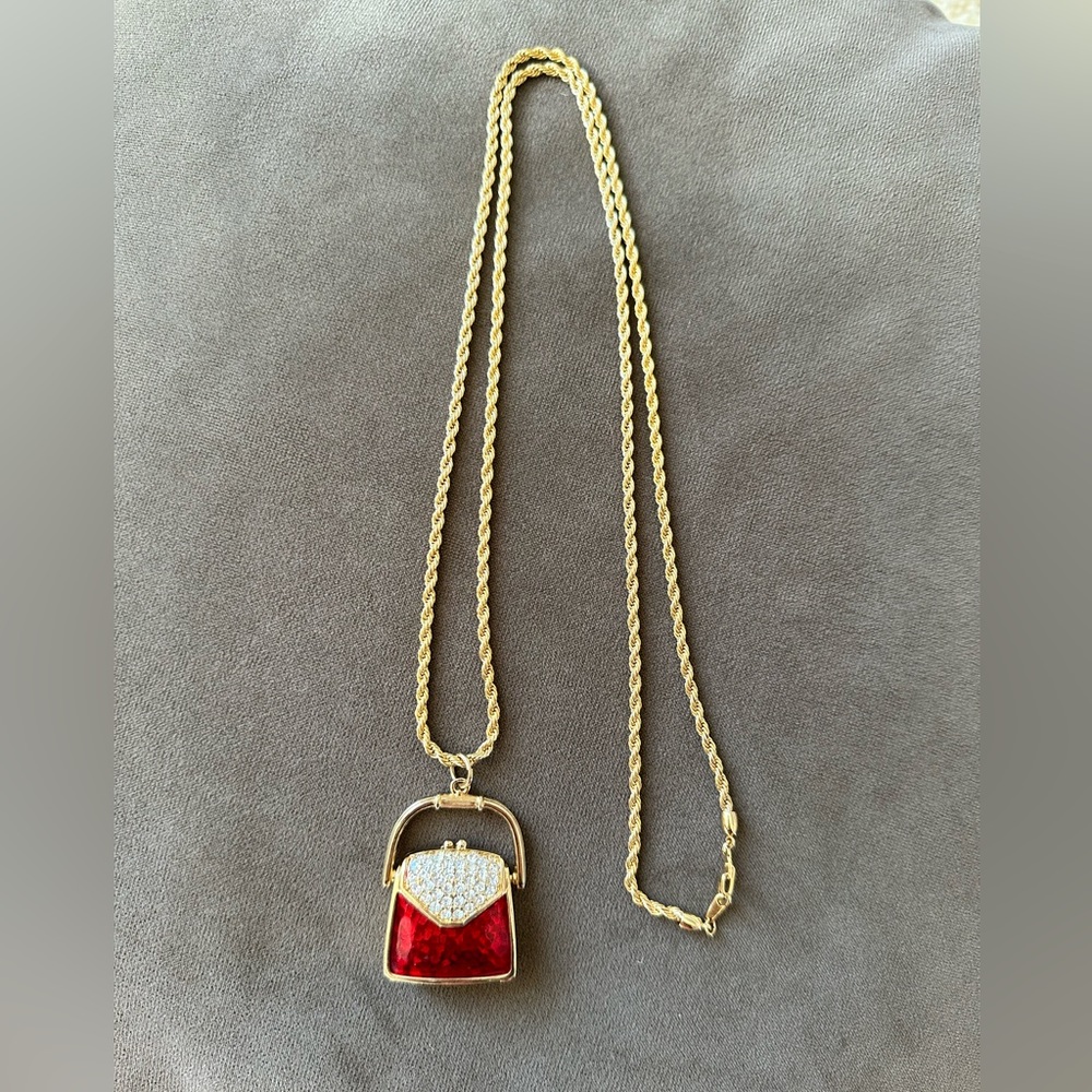Swarovski Swan Signed Red Enamel Purse Pendant Necklace